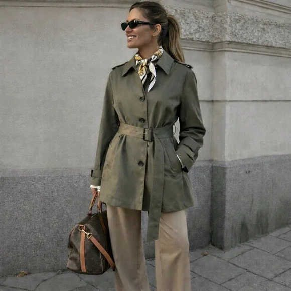 Lauren Ralph Lauren Belted Trench Coat Olive Fern Green Medium Chic Preppy NWT - Picture 1 of 15